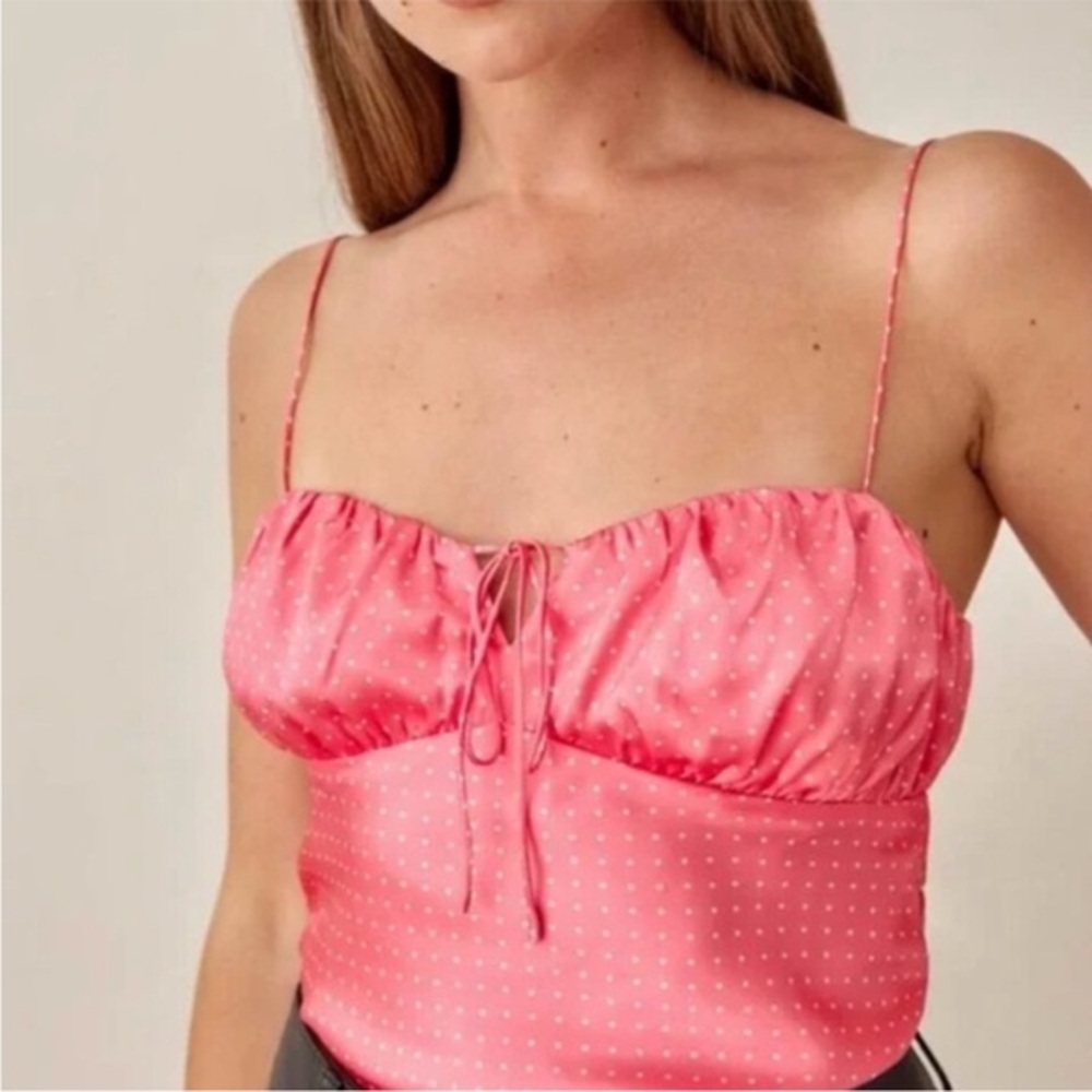 Reformation Lilibet Silk Top in Pink Polka Dot